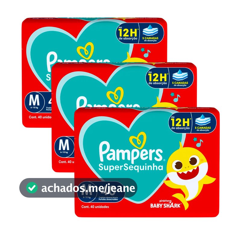 Kit 3 Fraldas Descartáveis Pampers Supersequinha Mega M - 120 Tiras