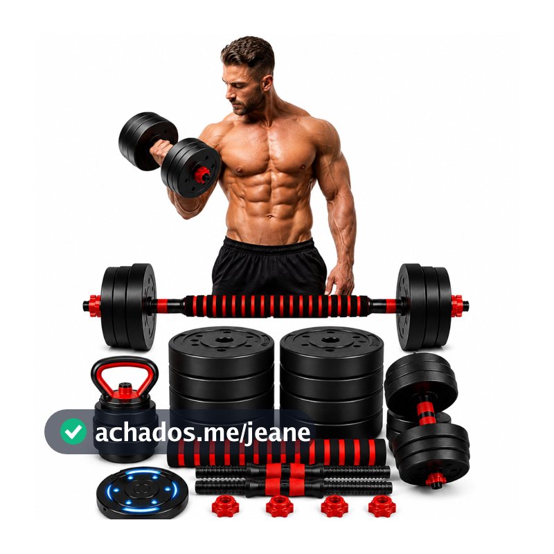 Kit de Halteres E Anilhas de 15kg com Kettlebell 6 em 1 Barras de Musculação Academia Treino Fitness Peso Shape Puxador