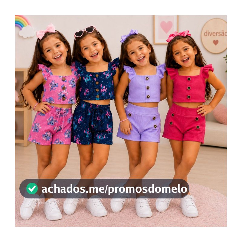 KIT 3 Conjunto Infantil Stitch Short Blusinha Regata Babado Tecido Confortável Tamanhos 2 4 6 8