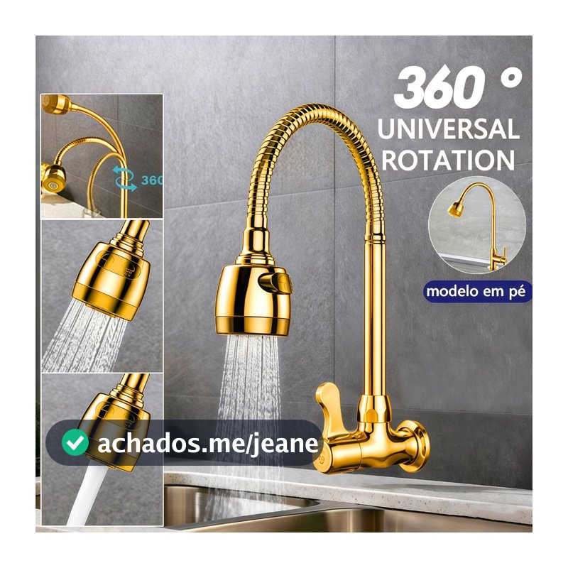 Inox dourado maciça Torneira  1/4 de volta com chuveiro com rotação de 360° Cozinha Luxo Parede