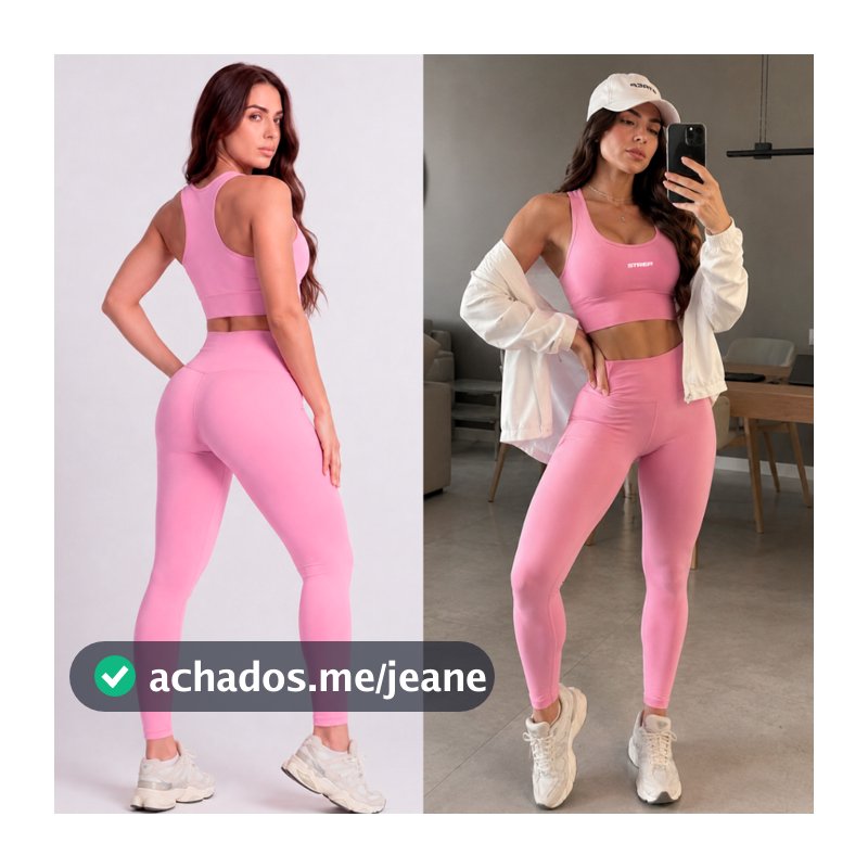 Conjunto Academia Feminino Rosa Top Fitness + Legging Cintura Alta Zero Transparência Suplex Strep