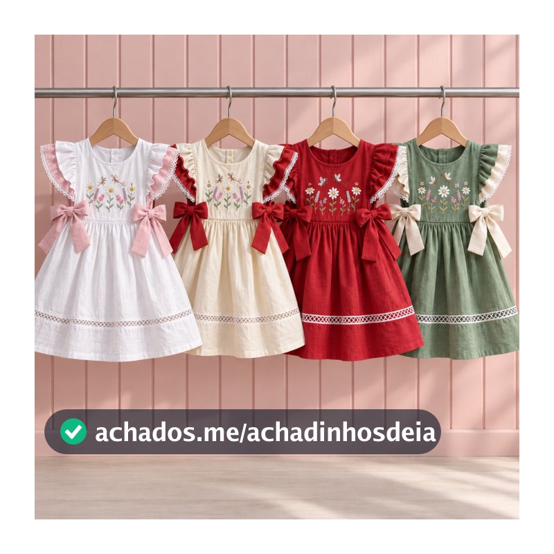 Vestido Feminino Infantil Com Amarração Lateral Vestido Kids com Babadinhos em Mangas Bordado Floral