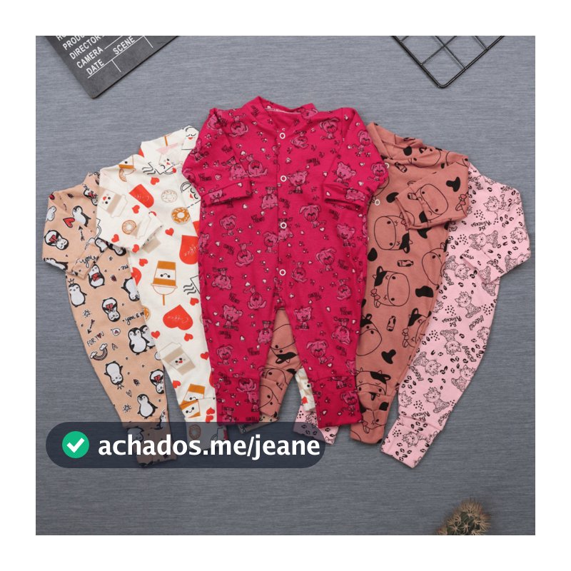 Kit 5 Macacão Vira pé Estampado em Malha para Bebê 100% algodão Roupas para Bebê - (P/M/G)
