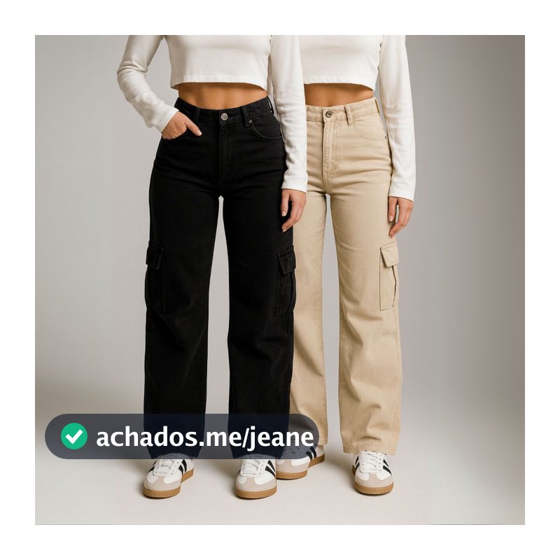 Kit 2 Calça Jeans Feminina Cargo Bolsos Laterais + 5 Cores - 100% Jeans Premium Wide Leg
