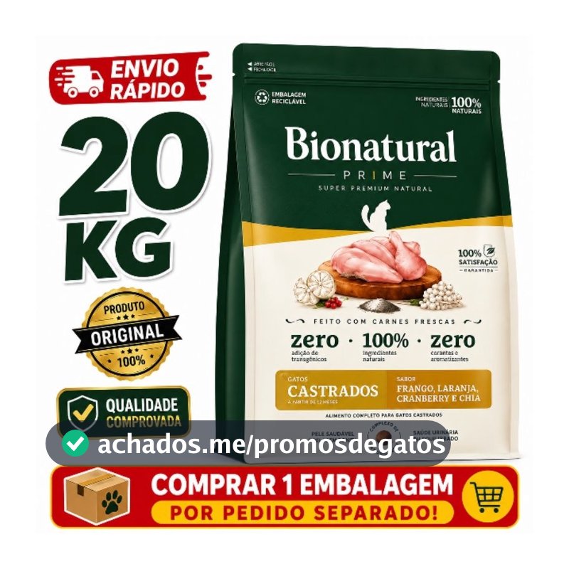 Ração Bionatural Prime Super Premium Gatos Castrados 20kg Frango Original Envio Rápido