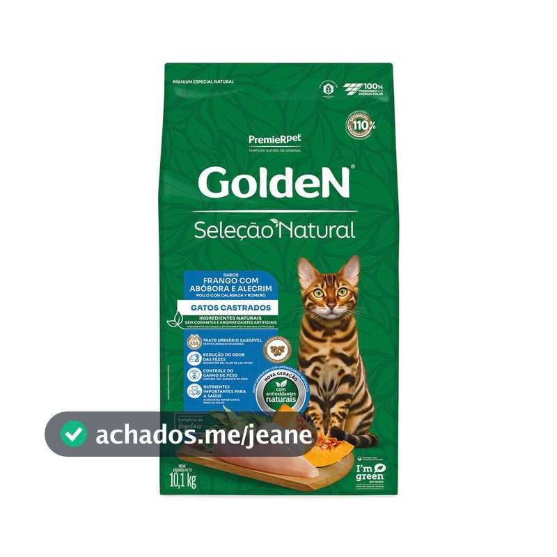 Ração Golden Seleção Natural Gatos Adultos Castrados Frango com Abóbora e Alecrim 10,1kg