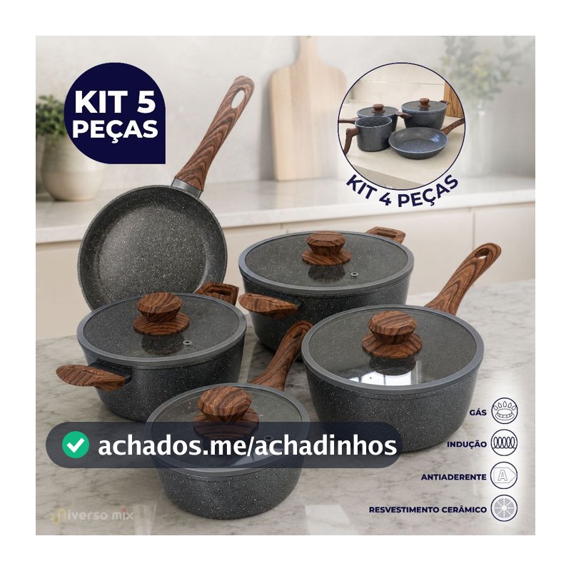 Conjunto 4 ou 5 Panelas Antiaderente Revestimento Cerâmica Fogão Indução e à Gás Grafito