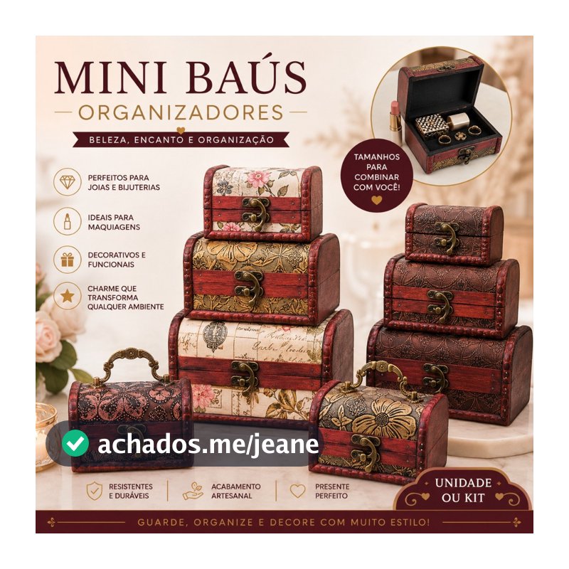 Baú madeira vintage rústico retrô bijuterias porta jóia porta treco UN ou jogo com 3 peças