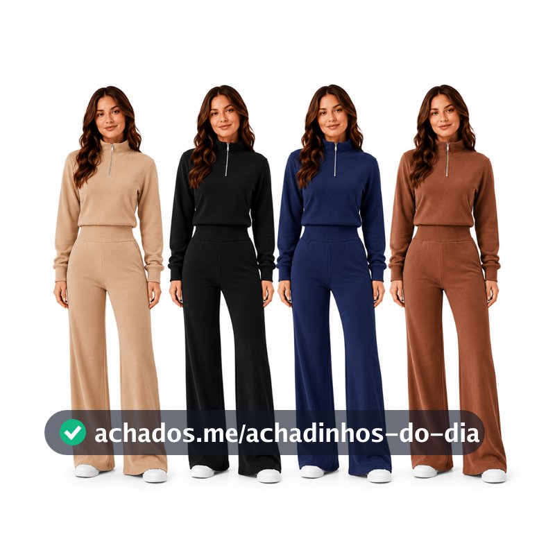 Conjunto Feminino Bouclê Blusa com gola alta e Zíper + Calça Flare Confortável