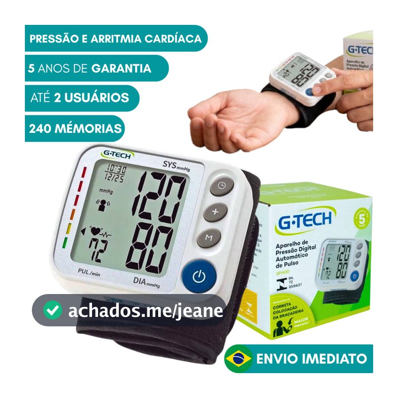 Aparelho Medidor de Pressão Arterial Adulto Idoso G-Tech Digital GP400 Braçadeira de Pulso e Estojo