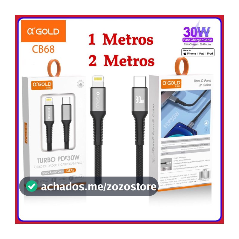 Cabo de iPhone Turbo 30W PD USB C Para Lightning Qc 4.0 original A'GOLD Carregamento Super Rápido