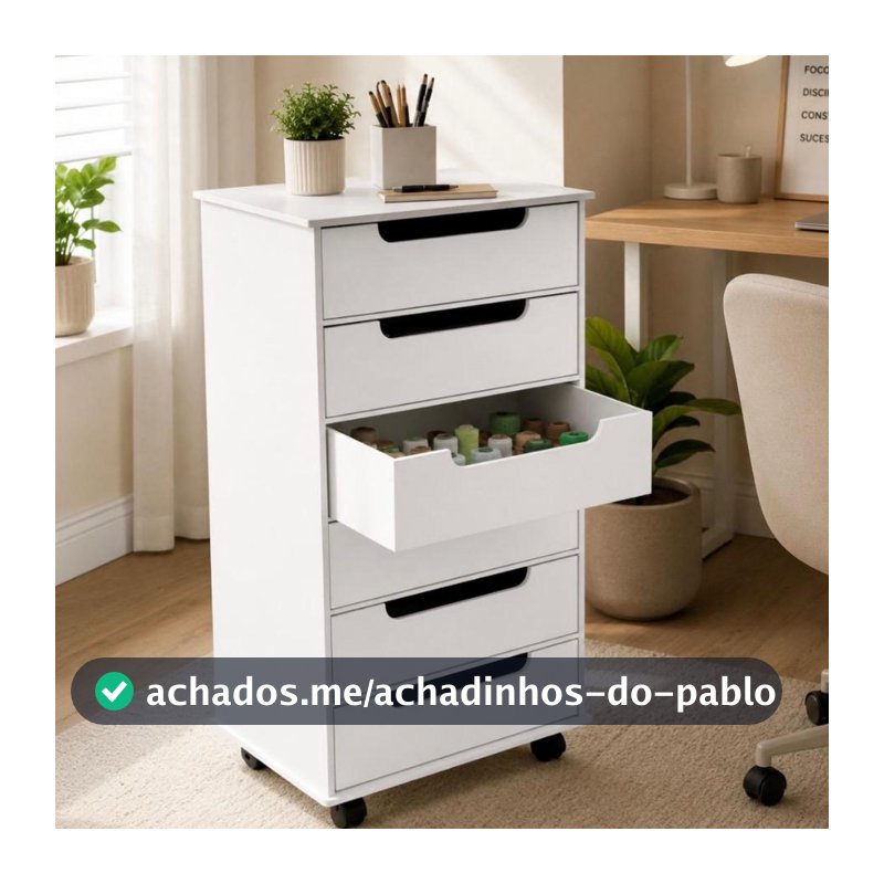 Gaveteiro MDF Branco 6 Gavetas Rodízios Organizador Escritório Home Office Arquivos Documentos Multiuso Compacto