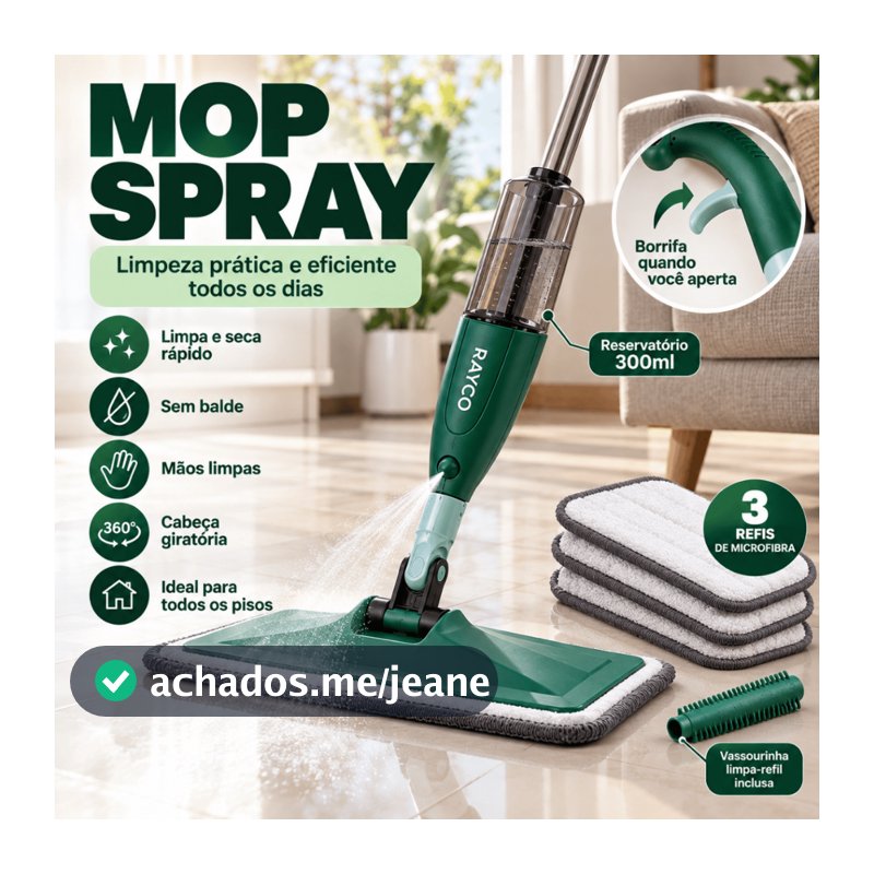 Mop Spray com Reservatório Reforçado Rodo Mágico Esfregão Microfibra 2 Refil Extra Limpeza Piso