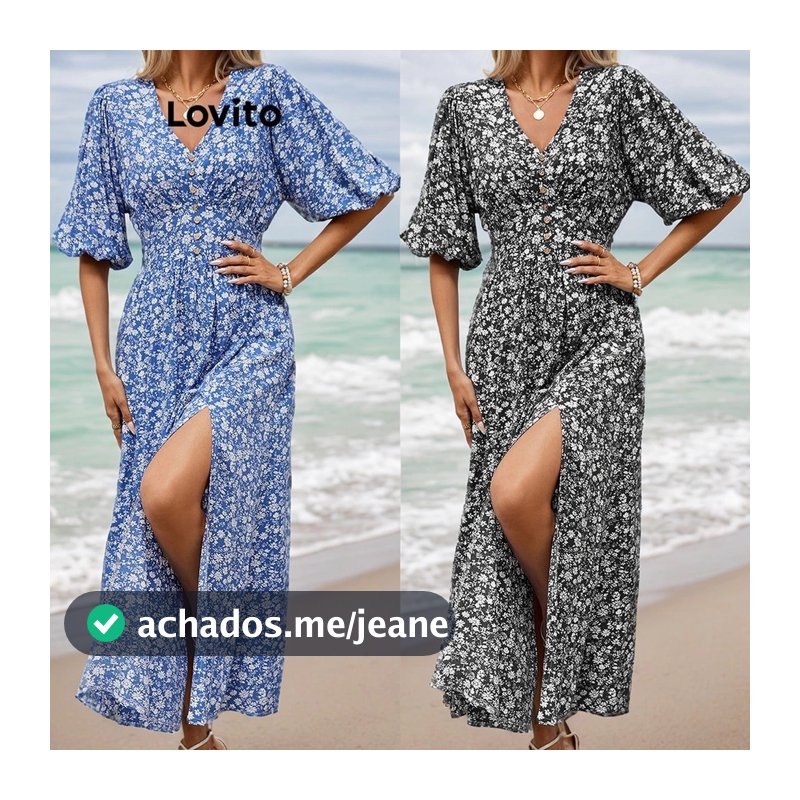 Lovito Vestido Feminino Estampa Floral e Botões Frontais DRNS27EX237