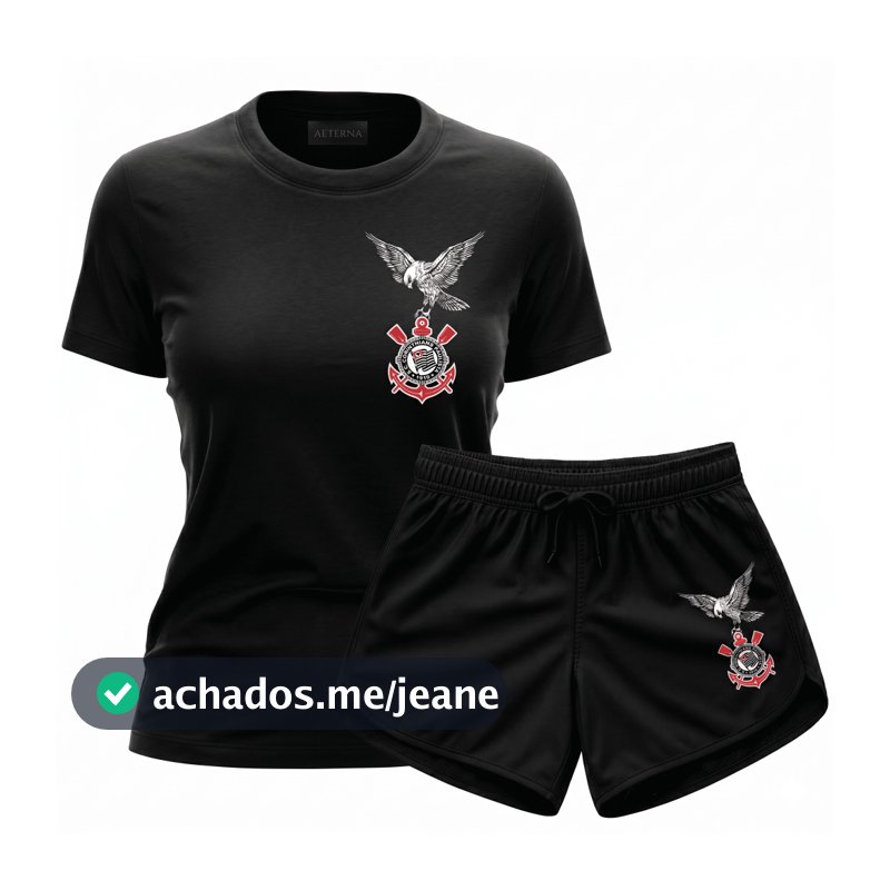 Conjunto Feminino Camisa e Shorts Gaviões Corinthians Timão Fiel SCCP Conjunto Preto e Branco