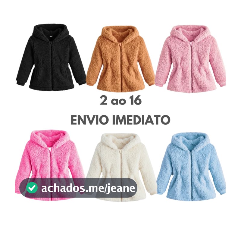 Casaco Teddy Infantil Menina Capuz Touca com Ziper Ted Tedy Forrado Quente Feminino Jaqueta Infantil