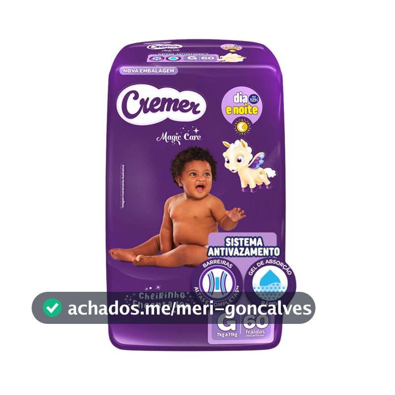 Fralda Cremer Magic Care Tamanho G Pacote Hiper com 60 Fraldas Descartáveis