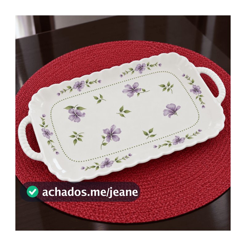 Travessa de Cerâmica Floral Violeta com Alças para Servir Mesa Posta Vintage Quadrada ou Retangular
