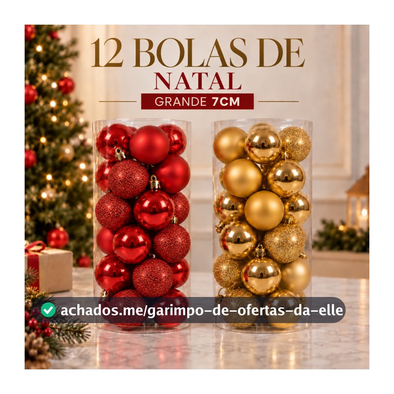 Kit 12 Bolas de Natal Grandes 7cm Vermelho e Dourado – Enfeites Natalinos para Árvore de Natal