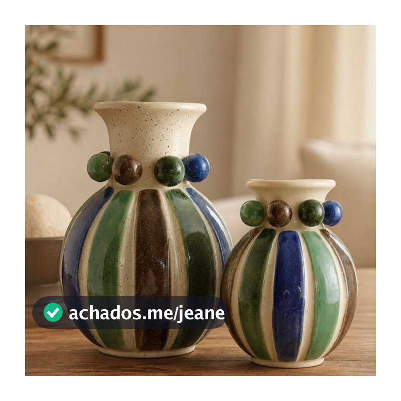 Vaso Decorativo em Cerâmica Listrado com Esferas Coloridas Enfeite para Sala Quarto Aparador 2 Tamanhos