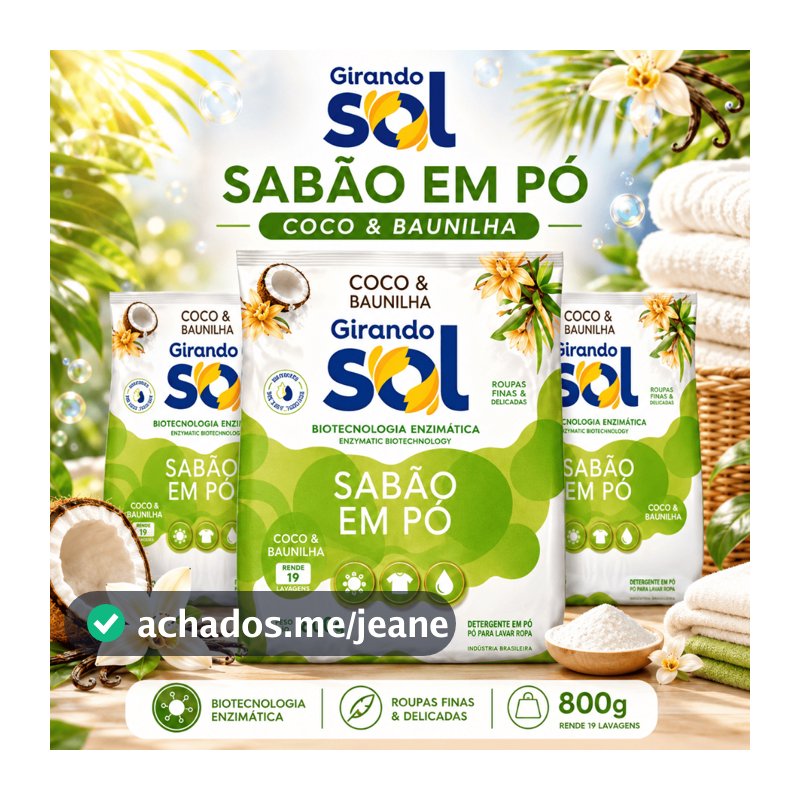 Sabão em Pó 800g Girando Sol Coco e Baunilha Perfumado Lava Roupas Tira Manchas Kit 1,2 e 4 Unidades