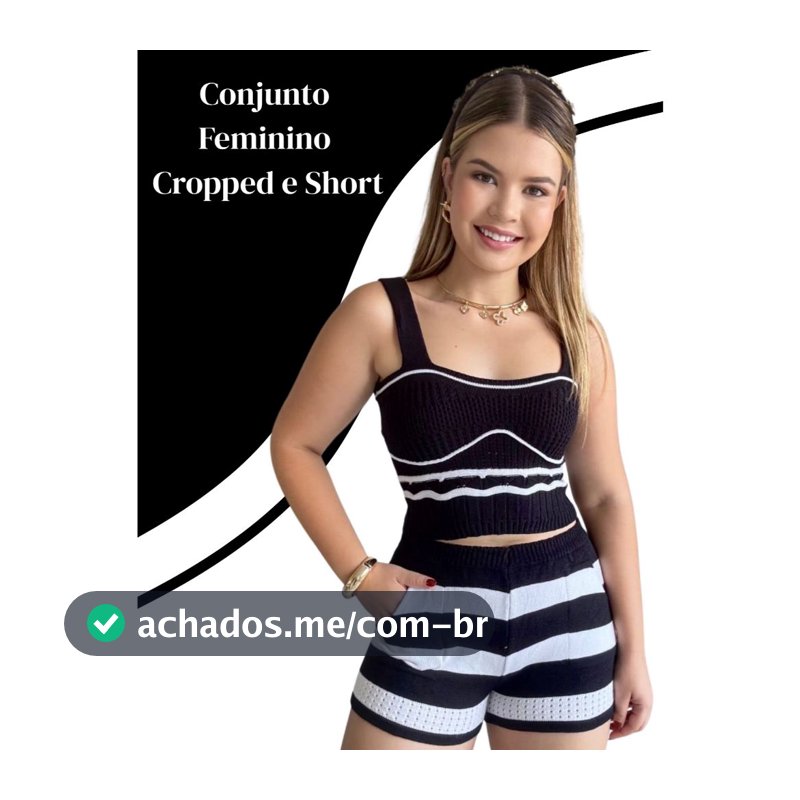 Conjunto Feminino Listrado Cropped Short Tricot Texturizado Modal Casual Tricô Moda Verão