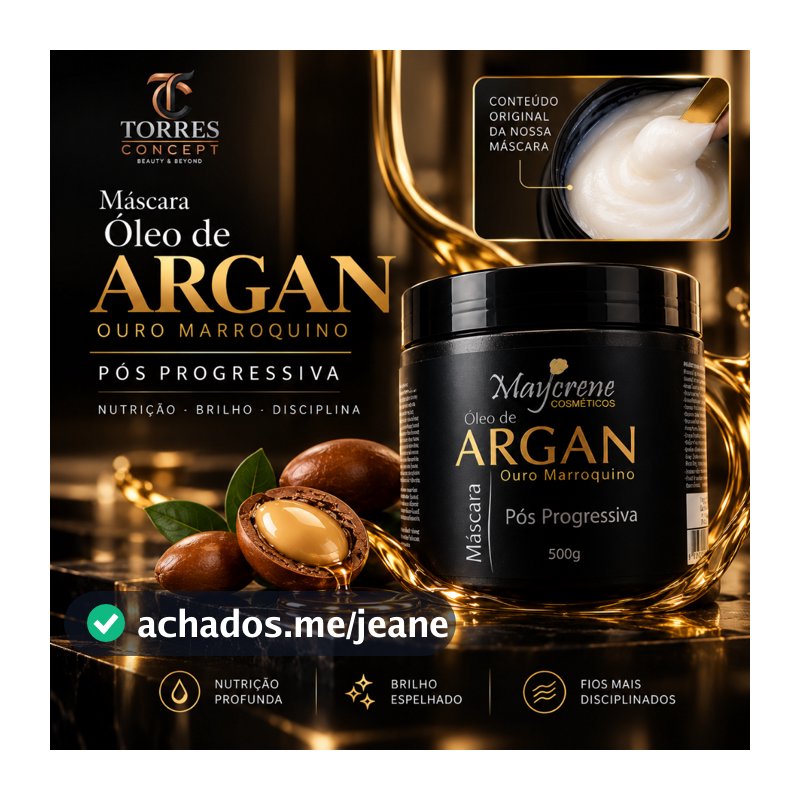 Máscara Argan Branco Maycrene 500g Pós Progressiva Anti-Frizz Brilho Ouro Marroquino Profissional