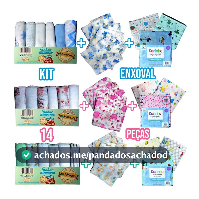 Kit Bebe Infantil 14 Peças 6 Paninho de Boca 5 Fralda de Pano 3 Cueiro Flanelado 100% Algodão Enxoval de Bebê