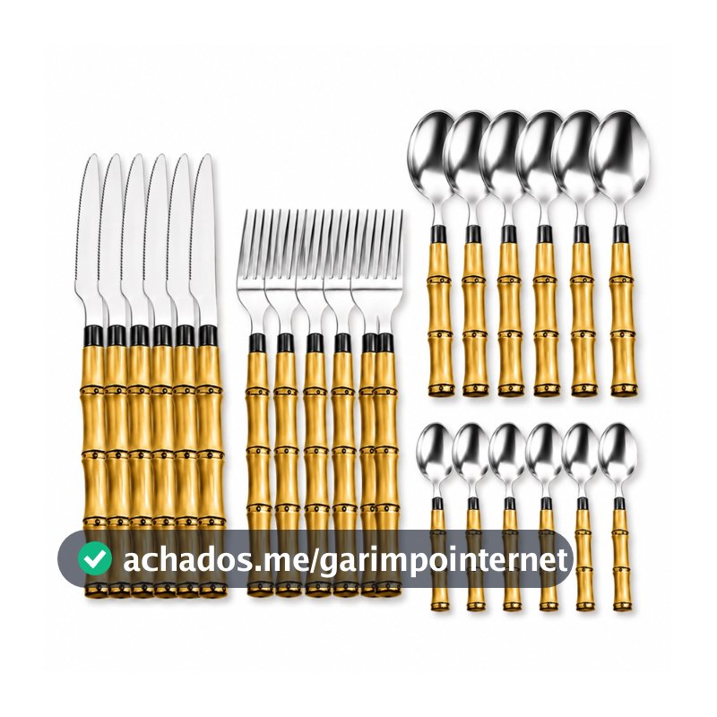 Faqueiro 24,12 ou 8 Peças Aço Inox Cabo Bambu Jogo de Talheres Luxo Cozinha Cabo imitando Madeira Bambu