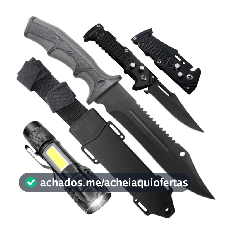 Faca Tática Militar Inox Afiada Churrasco Camping + Canivete Tático + Lanterna Tática Recarregável