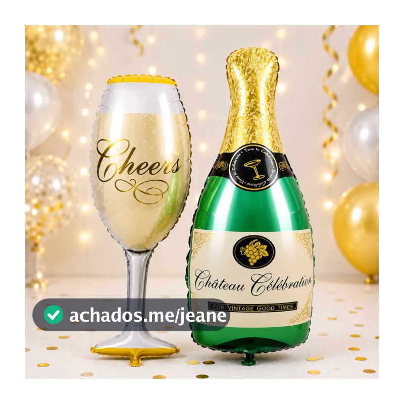 Kit Balão Garrafa e Taça Champagne Ano Novo 2027 Festa Metalizado.