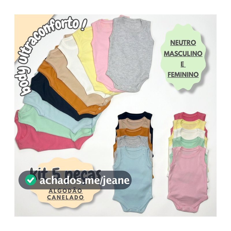 Kit 5 Body Bebê Regata Malha Canelada Algodão Pagão Enxoval Maternidade Macacão Rescém Nascido