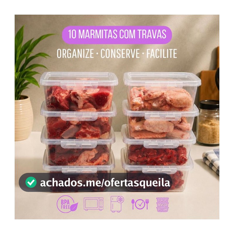 Kit 10 Potes Marmitas 900ml com Travas Laterais Congela Fácil BPA FREE Fitness Empilhavel Com  Tampa