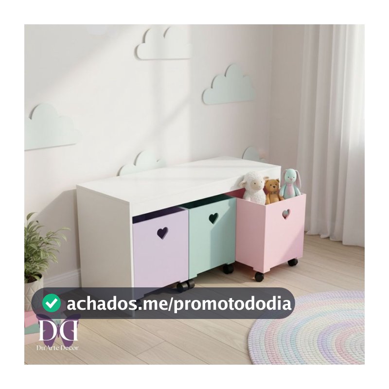 Organizador de Brinquedos Bancada Infantil 3 Gavetas Com Rodinhas em MDF