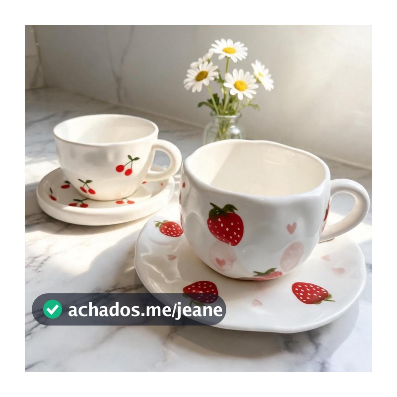 Xícara Com Pires Orgânica Porcelana Fofa Morango Cereja Mesa Posta Café Chá Cerâmica Artesanal