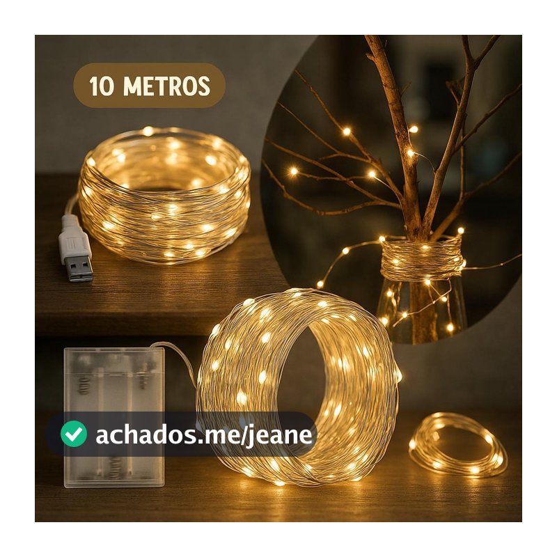 Fio de Luzes Led Fada 10 metros 100 Leds USB - Pilha Cobre Prata cordão Luz decoracao natal ano novo