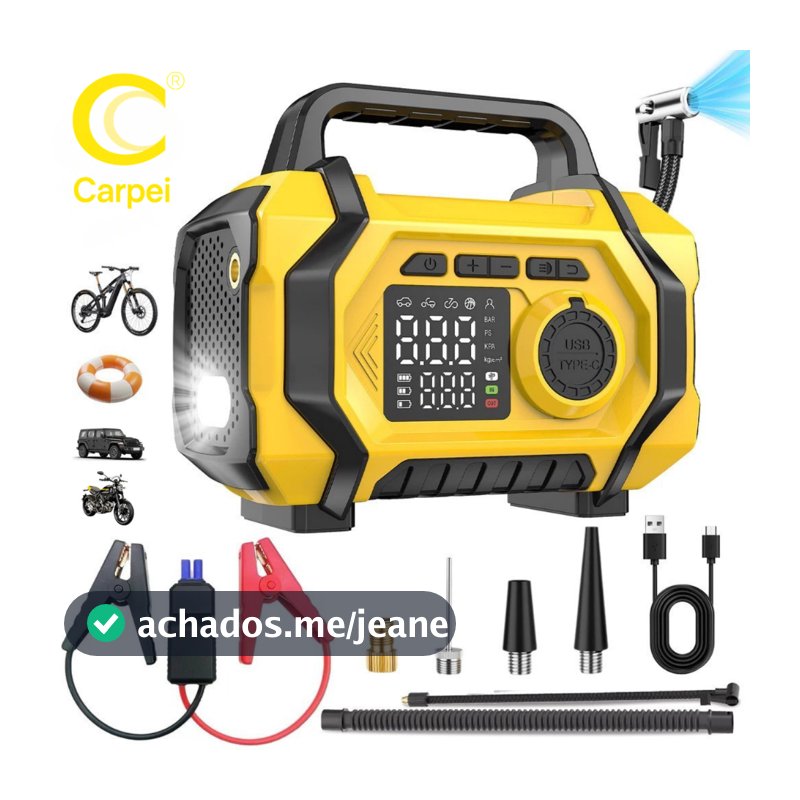 5 em 1 Auxiliador de Partida Compressor Ar PowerBank Led 8000 mAh 3500 Pa 6 Funções Carro Carpei