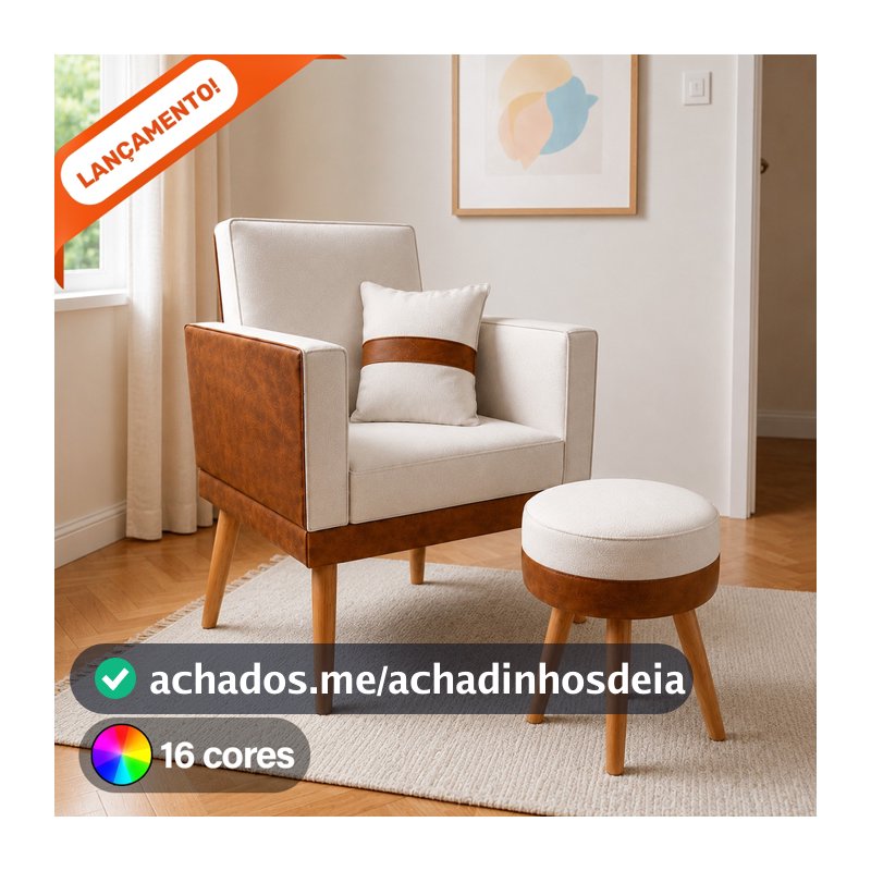Poltrona para Sala Decorativa Lis com Almofada e Puff Redondo Corino Peroba e Suede Aninha Poltronas