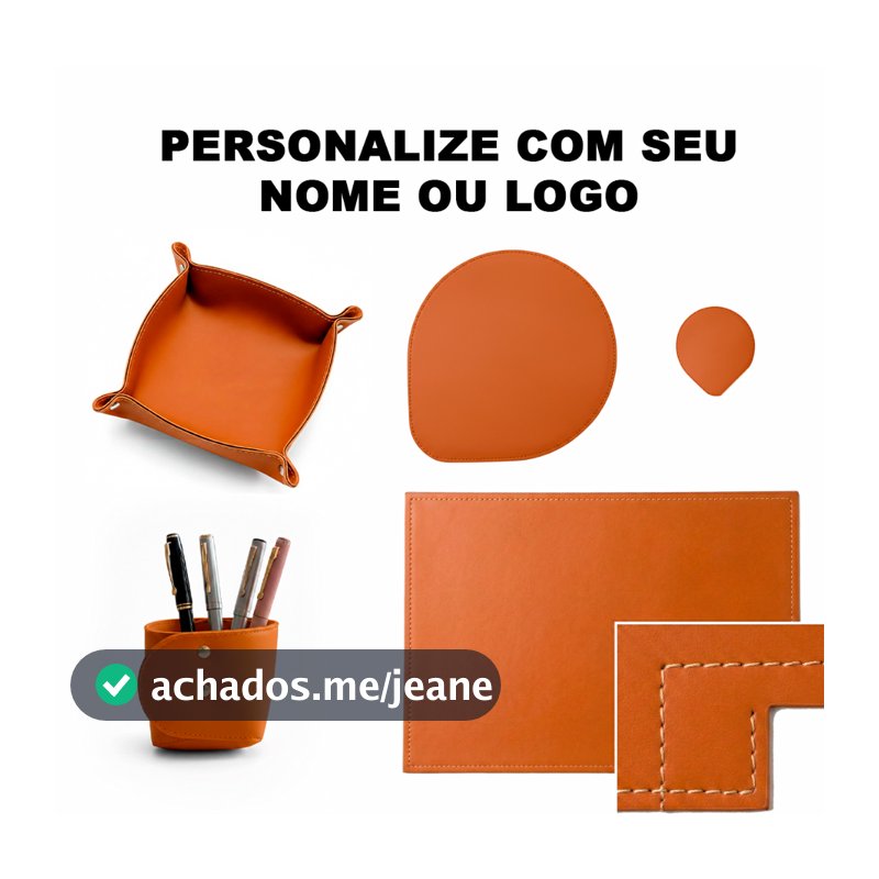 Kit Escritório 5 peças Personalizado Mousepad + Deskpad + Porta Treco + Porta Canetas + Porta Copo Couro Sintético