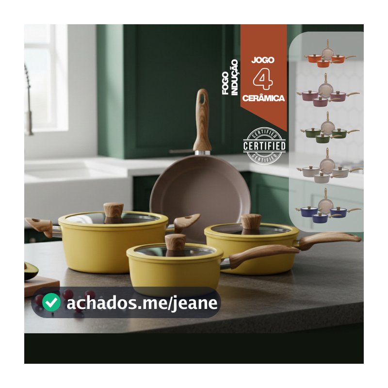 Jogo de Panelas 4 Peças Antiaderente Cerâmica Compatível Fogão Gás e Indução Moderna