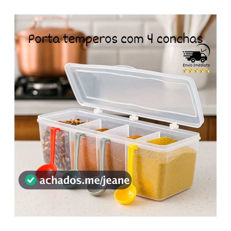 Pote Porta Temperos Porta Condimentos com 4 conchas. Organizador com 4 divisórias
