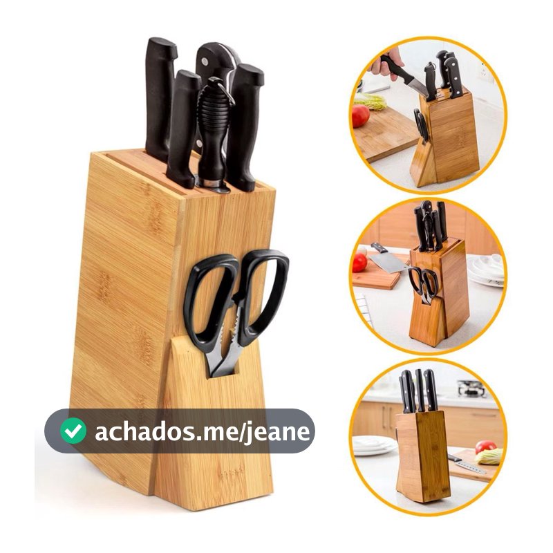 Porta Facas Bambu 7 Espaços Cepo Organizador Cozinha Premium Antiderrapante