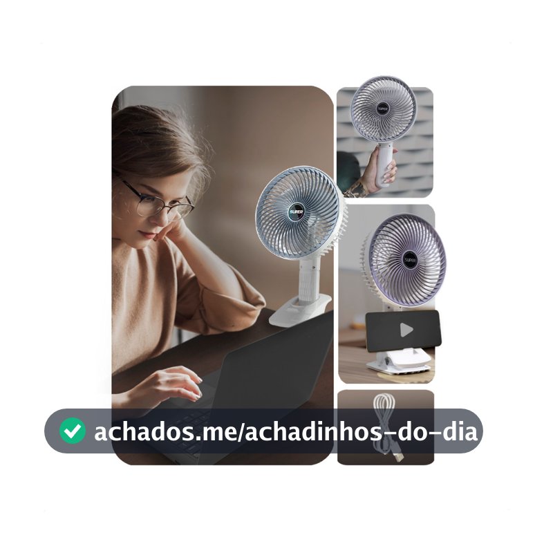 Ventilador Mesa Portátil Multifunção USB Recarregavel Silencioso 3 potencias com Clipe 3 Pás 4 Modos