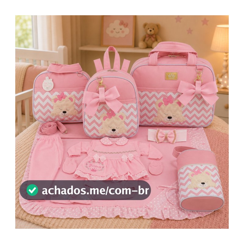 Kit Bolsa + Saída Maternidade Menina Rosa 5 Peças Com Mochila e Mala Urso Chevron - Opções Laços de Luxo