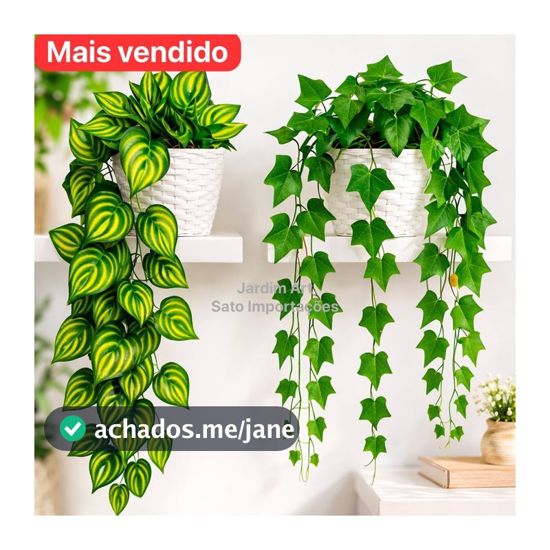 Arranjo Completo 1 Vaso Vime Trançado BRANCO + 1 Pendente Planta Pendurada Hera Ivy Verde PT11BRANCO