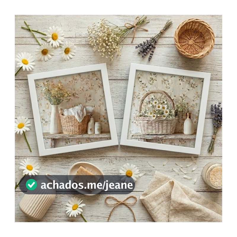 Kit 2 quadros 18x18 cm, banheiro, lavabo, flores, vasos, margarida, moldura e vidro