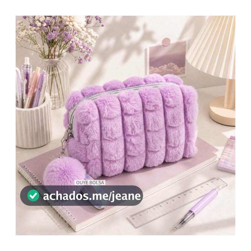 Necessaire de Pelúcia Feminina com Pompom Bolsa de Maquiagem Grande Capacidade