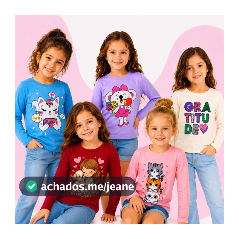 Kit 5 Camiseta Infantil Manga Longa Menina Feminino 100% Algodão Inverno 2 à 8 Anos