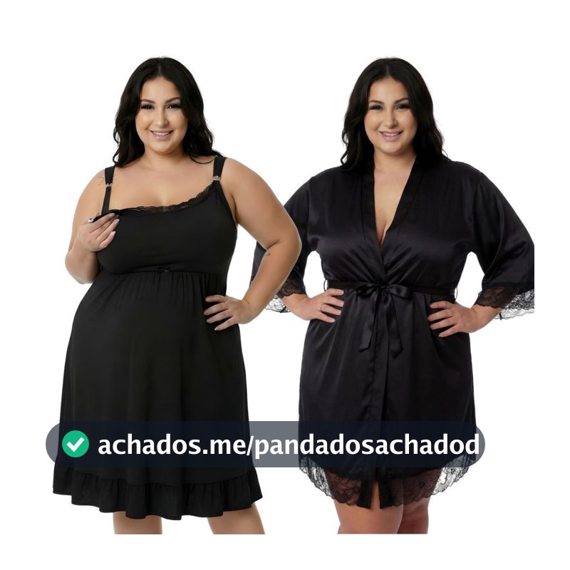 KIT Camisola de Amamentação Plus Size com Robe Roupão Maternidade Gestante Pós Parto Abre Fácil