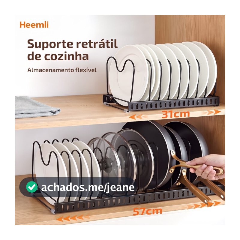 Organizador de Panelas Heemli Extensível Ajustável Inox 31-57cm para Tampas Pratos